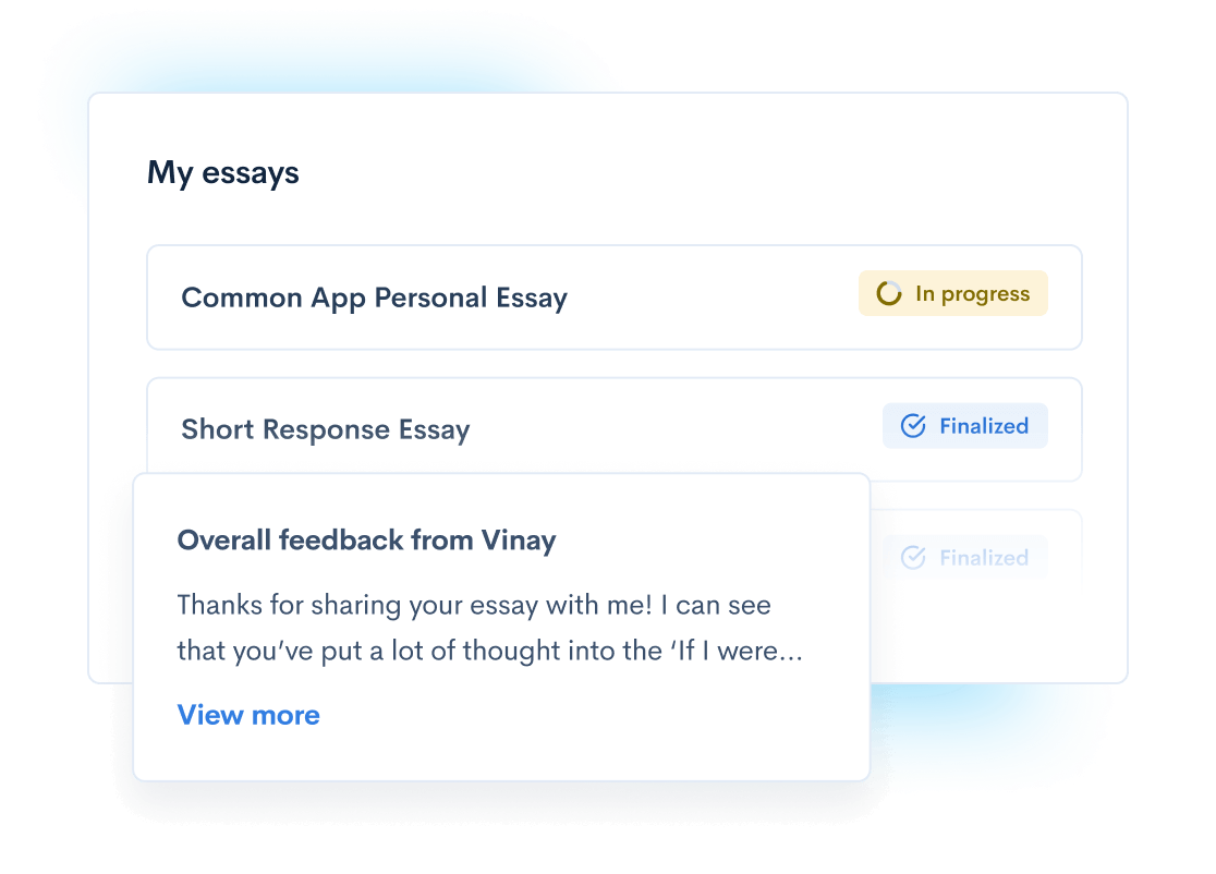 My essays: Common App Personal Essay. Short response essay. Overall feedback from Vinay: Thanks for sharing your essay with me! I can see that you’ve put a lot of thought into the ‘If I were…’ framework to show the reader sides of yourself. I especially enjoyed the reference
